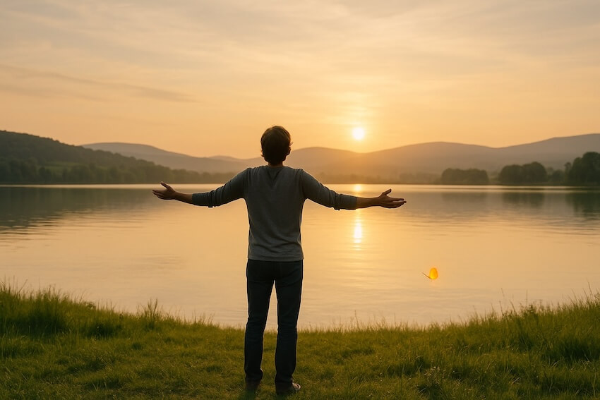 Mann steht am See mit Blick auf den Sonnenuntergang - steht für hypnosystemische Therapie