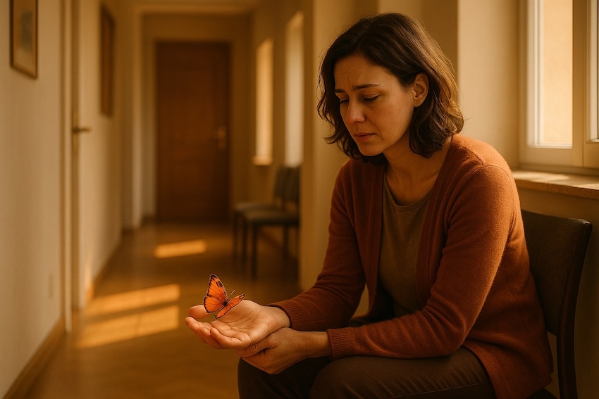 Klientin sitzt auf dem Flur einer Praxis für hypnosystemische Therapie