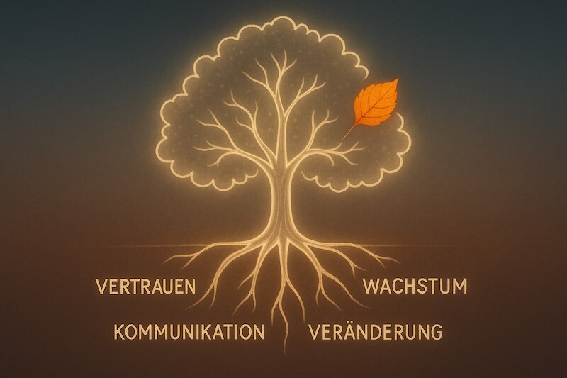 Ein symbolischer Baum mit fünf Wurzeln, die mit Vertrauen, Kommunikation, Wachstum, Wert und Veränderung bezeichnet sind. Der Baum leuchtet sanft. Ein orangefarbenes Blatt hebt sich von einem ruhigen Hintergrund ab.