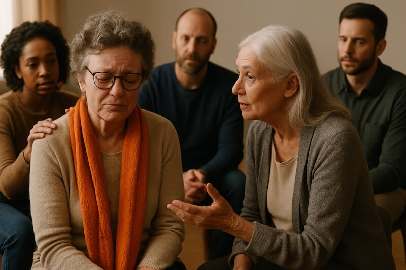 Eine Frau sitzt in einem Therapiekreis, emotional und verletzlich, umgeben von einer Gruppe einfühlsamer Menschen. Eine ruhige, weise ältere Frau (Virgina Satir) spricht zu ihr.
