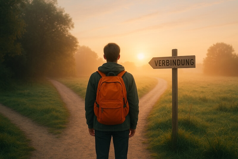 Eine Person, die an einer Kreuzung steht, deren Licht auf einen Weg mit der Aufschrift „Verbindung“ scheint. Sanfte, hoffnungsvolle Farben. Ein orangefarbener Rucksack symbolisiert persönliches Wachstum.