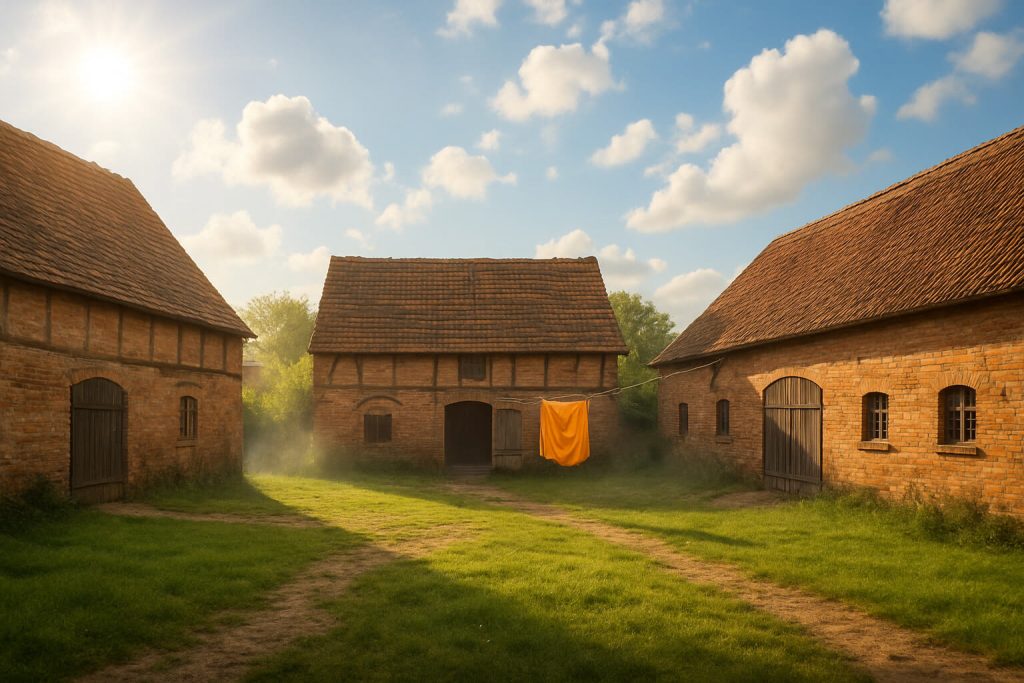 Weitwinkelaufnahme eines alten Vierseithofs in der Altmark, verwitterte Backsteine, leichter Nebel, dramatischer Himmel, ein orangefarbenes Tuch hängt auf der Leine.