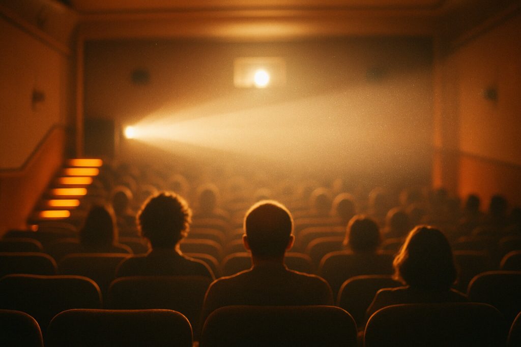 Innenraum eines alten Arthouse-Kinos bei Nacht, Silhouetten des Publikums, Lichtstrahl des Projektors im Staub, warme orangefarbene Lichter am Gang.