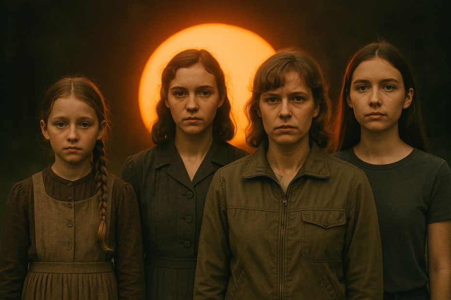 Symbolisches Porträt von vier Frauen aus vier Generationen aus dem Film "In die Sonne schauen": ein Mädchen um 1910, eine Jugendliche aus den 1940ern, eine Frau aus der DDR der 1980er-Jahre und ein heutiges Mädchen, verbunden durch einen orangefarbenen Lichtkreis im Hintergrund.