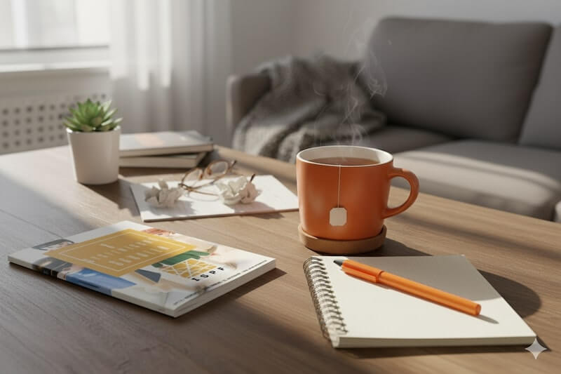 Ein aufgeschlagenes Heft mit der Aufschrift „Die 8 Schulen der systemischen Therapie“ liegt auf einem Tisch mit einer orangefarbenen Tasse Tee daneben. Weiches Tageslicht, gemütlicher Kontext. 35 mm Objektiv, realistisch.