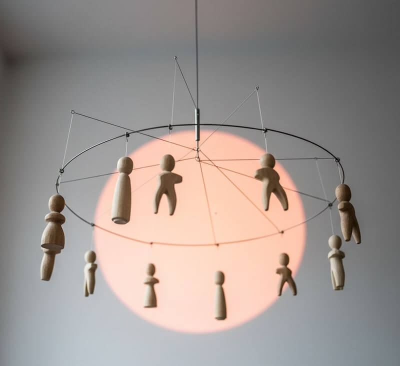 Zirkuläre Perspektive - ein Mobile aus mehreren schwebenden Figuren (aus Draht oder Holz), die sich bei der kleinsten Bewegung gegenseitig in Schwingung versetzen. Im Hintergrund: warme Farben, ein orangefarbener Kreis als Akzent.