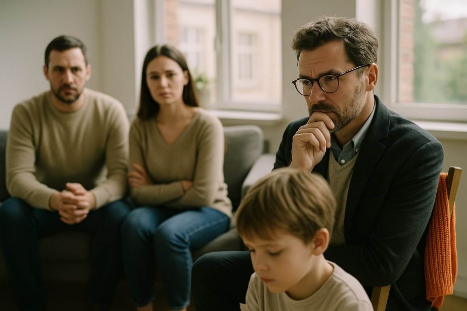Zirkuläre Perspektive: Ein Elternpaar sitzt angespannt in einer systemischen Therapiesitzung. Der Fokus liegt auf einem nachdenklichen Therapeuten, der das Kind beobachtet. Warmes Licht, ein orangefarbener Schal auf einem Stuhl bringt Farbe ins Bild. Fotorealistischer Stil, 35 mm, natürliches Setting.