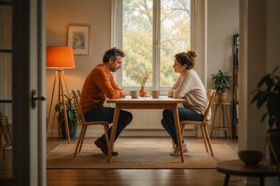 Streitkultur in der Beziehung: Ein Paar sitzt sich an einem Tisch gegenüber. Beide wirken nachdenklich, nicht wütend. Zwischen ihnen stehen zwei Kaffeetassen. Der Blick ist offen, vielleicht schaut einer gerade zu Boden, während der andere aufmerksam zuhört.
