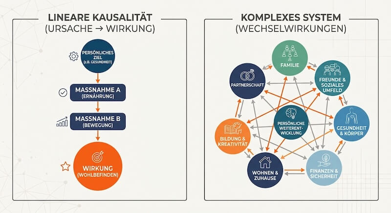Vergleich zwischen linearem und systemischem Denken anhand von Ursache-Wirkungs-Modellen und Wechselwirkungen.